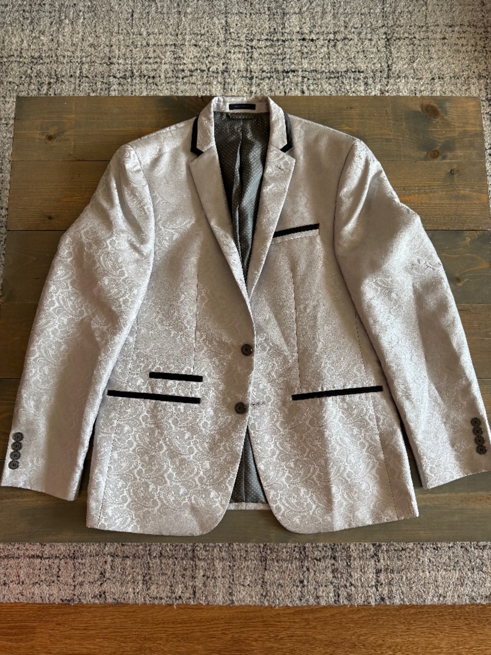 Andrew Fezza Paisley Jacquard Dinner Jacket Silver Black Trim 40R Formal Blazer